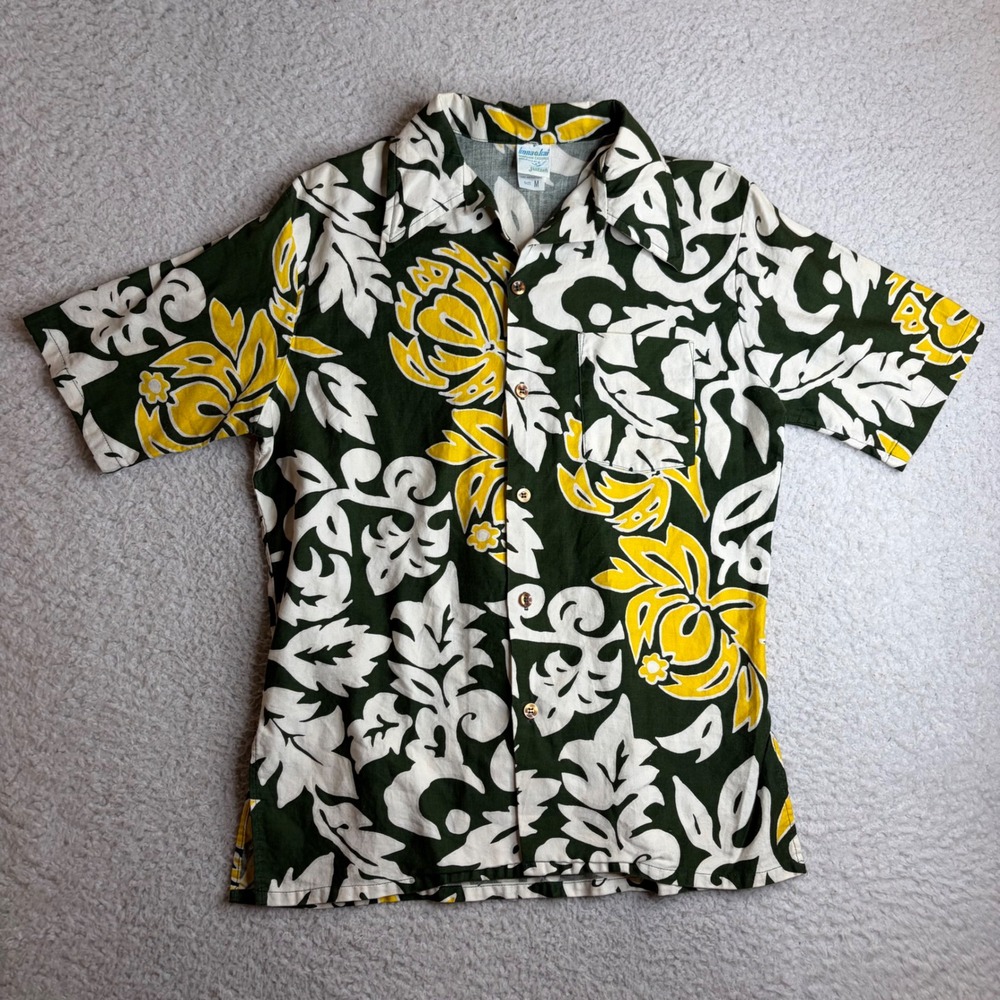 60s 70s Kona Kai Jantzen Hawaiian Shirt Mens Medium Green Yellow Floral USA Made